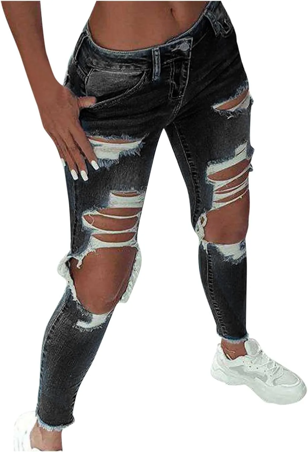 WUAI-Women High Waisted Stretch Ripped Skinny Jeans Plus Size Boyfriend Distressed High Rise Slim Fit Denim Pants Trousers