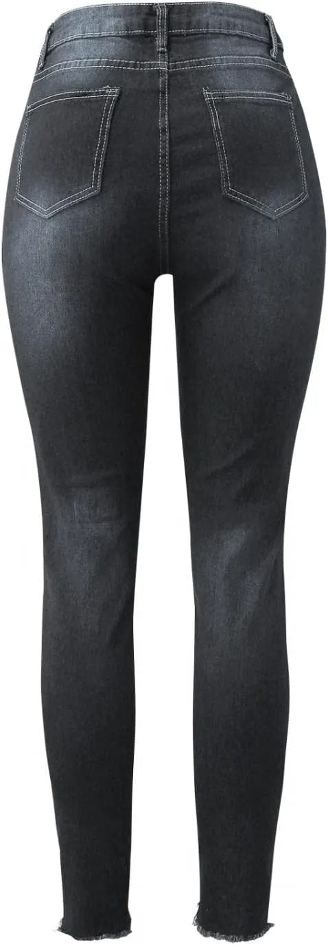 WUAI-Women High Waisted Stretch Ripped Skinny Jeans Plus Size Boyfriend Distressed High Rise Slim Fit Denim Pants Trousers