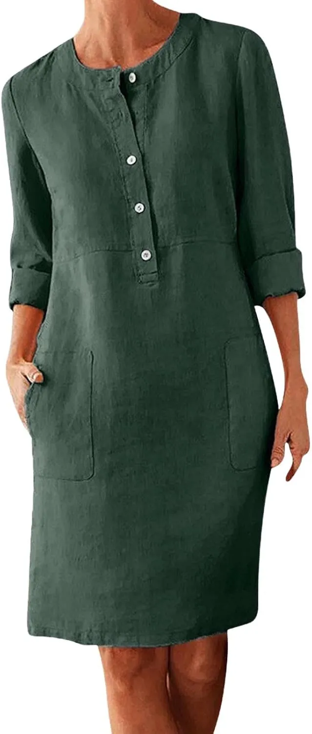 XOWRTE Work Dresses for Women 2025 Spring Business Formal Long Sleeve Dress Cotton Linen Button Down Elegant Office Outfits