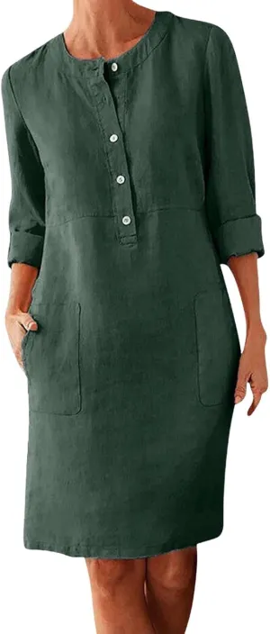 XOWRTE Work Dresses for Women 2025 Spring Business Formal Long Sleeve Dress Cotton Linen Button Down Elegant Office Outfits