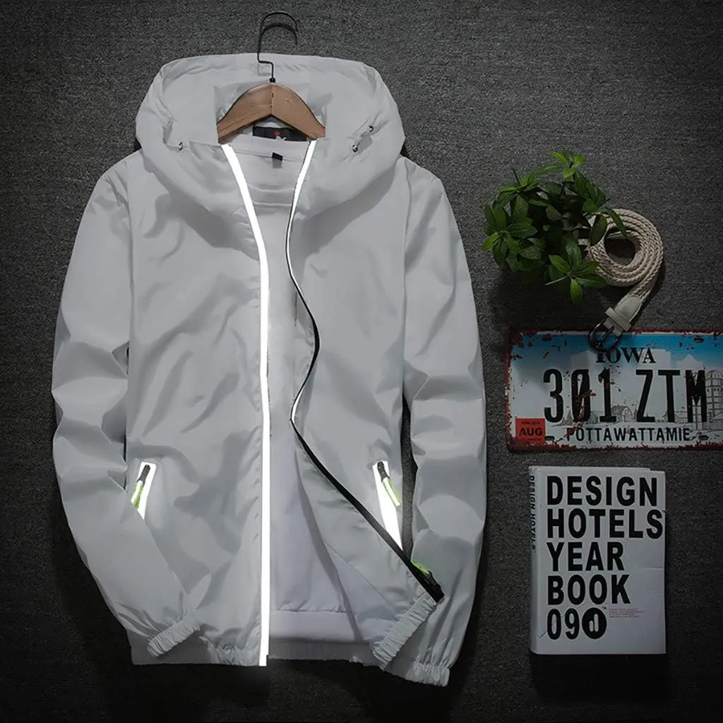 Ymosrh Men's Rain Coats Lightweight Windbreaker Casual Refleciton Zip Up Jackets with Hood Winter Jackets, M-7XL