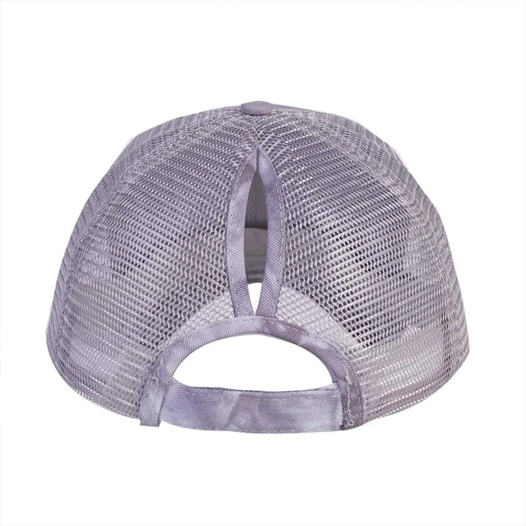 YOLAI Tie-dye Print Ponytail Cap Mesh Breathable Trucker Hat Sunscreen Adjustable Baseball Caps Visors Cap for Men Women