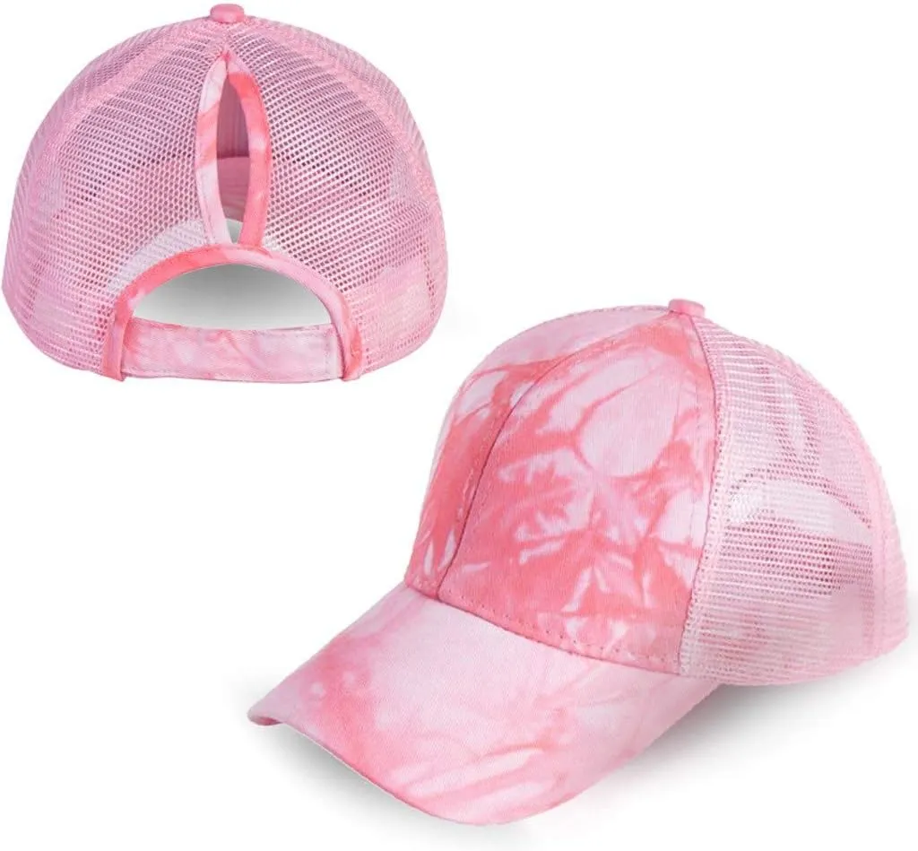 YOLAI Tie-dye Print Ponytail Cap Mesh Breathable Trucker Hat Sunscreen Adjustable Baseball Caps Visors Cap for Men Women