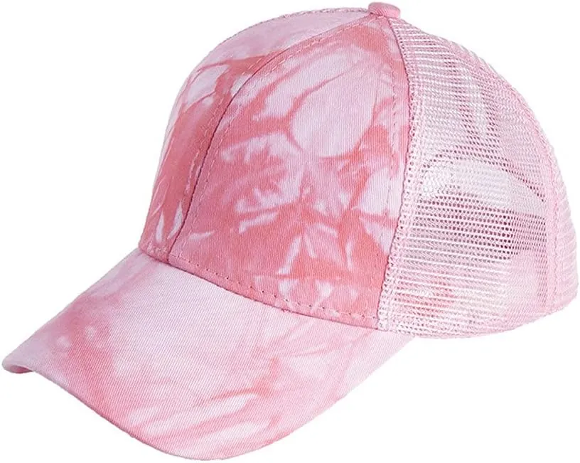 YOLAI Tie-dye Print Ponytail Cap Mesh Breathable Trucker Hat Sunscreen Adjustable Baseball Caps Visors Cap for Men Women