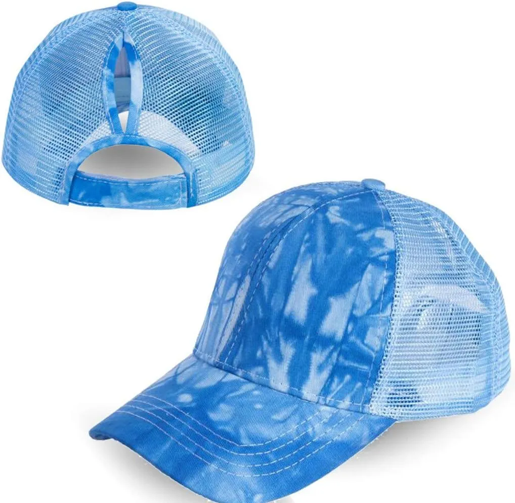 YOLAI Tie-dye Print Ponytail Cap Mesh Breathable Trucker Hat Sunscreen Adjustable Baseball Caps Visors Cap for Men Women
