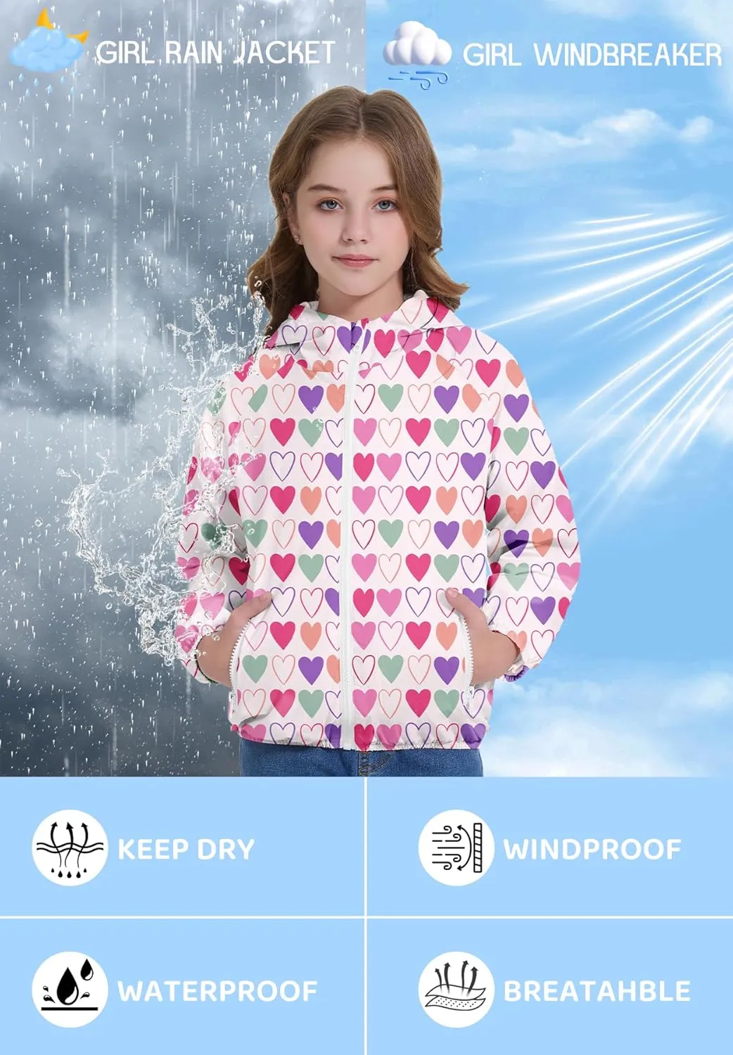 Zando Girls Rain Jacket Lightweight Waterproof Hooded Jackets Girls' Outerwear Jackets & Coats for Girls 4-10Y