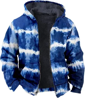Zip Up Hoodie Men Winter Sherpa Lined Graphic Jacket Cool Thermal Graphic Coat Heavy Tie Dye Casual Weather Outwear